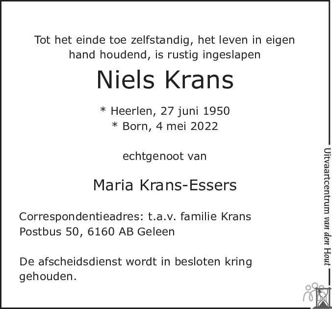 Overlijdensbericht van Niels Krans in De Limburger