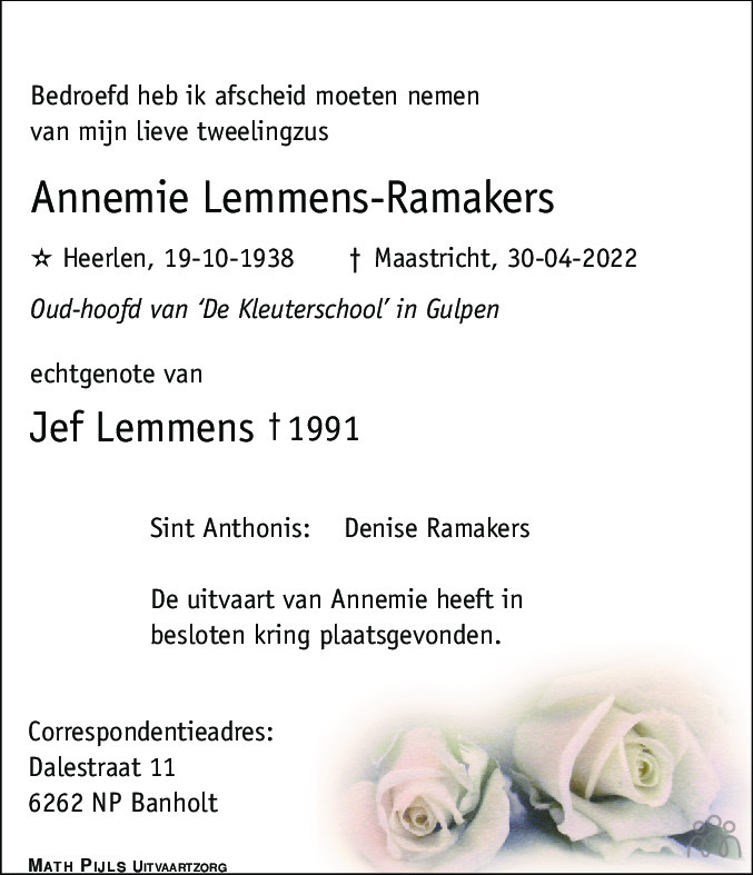Overlijdensbericht van Annemie Lemmens-Ramakers in De Limburger