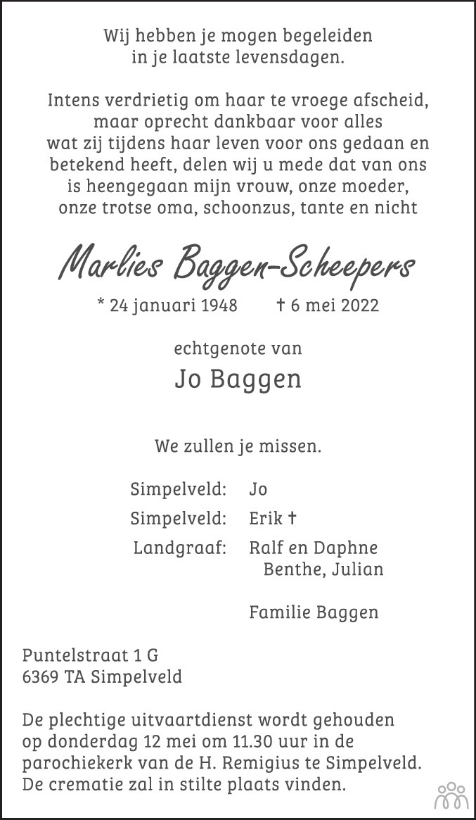 Overlijdensbericht van Marlies Baggen-Scheepers in De Limburger