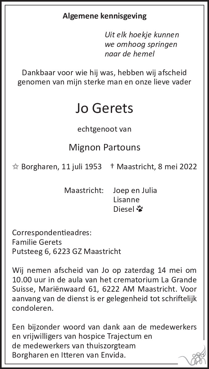 Overlijdensbericht van Jo Gerets in De Limburger