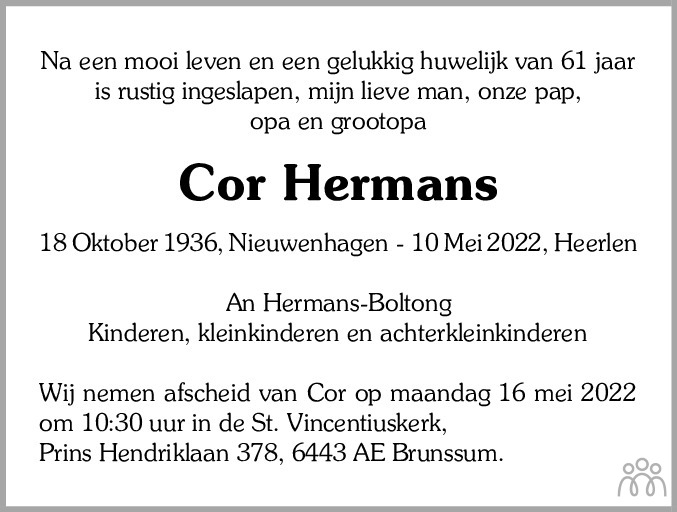 Overlijdensbericht van Cor Hermans in De Limburger