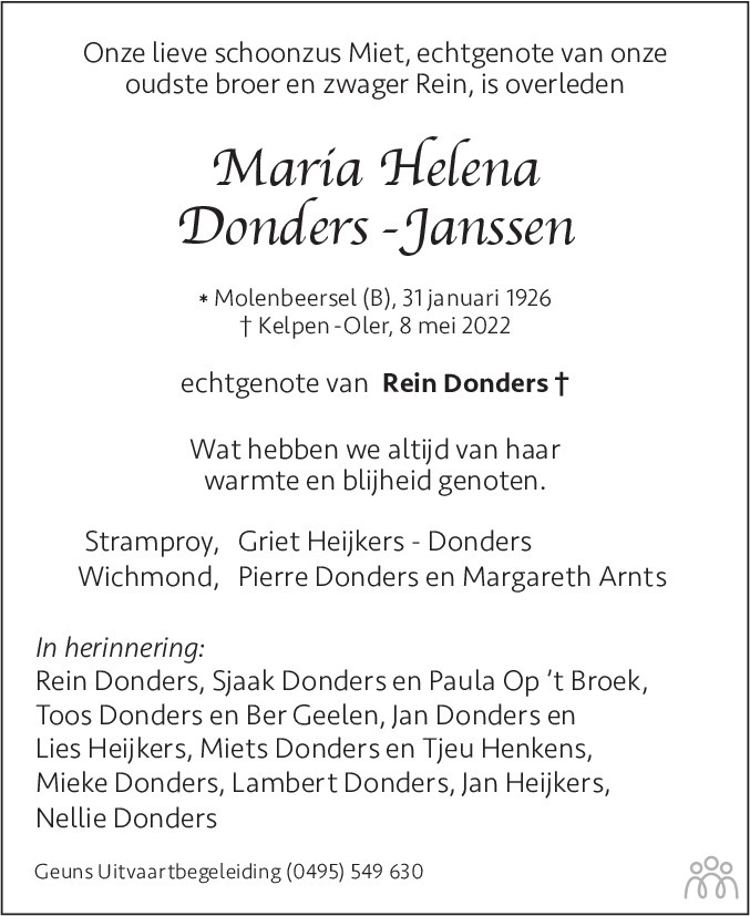 Overlijdensbericht van Maria Helena Donders-Janssen in De Limburger