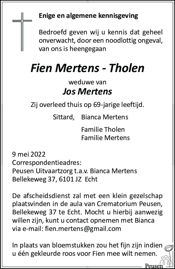 Overlijdensbericht van Fien Mertens-Tholen in De Limburger