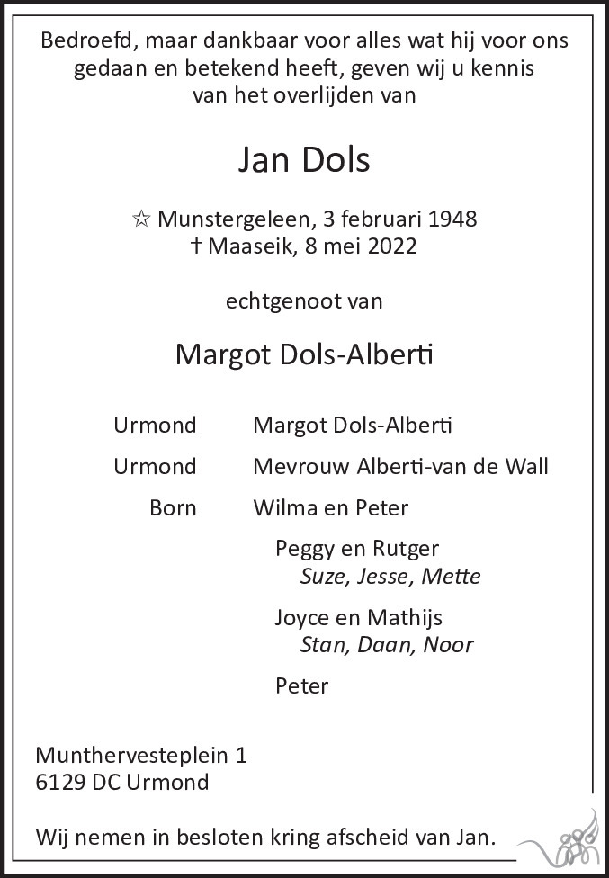 Overlijdensbericht van Jan Dols in De Limburger