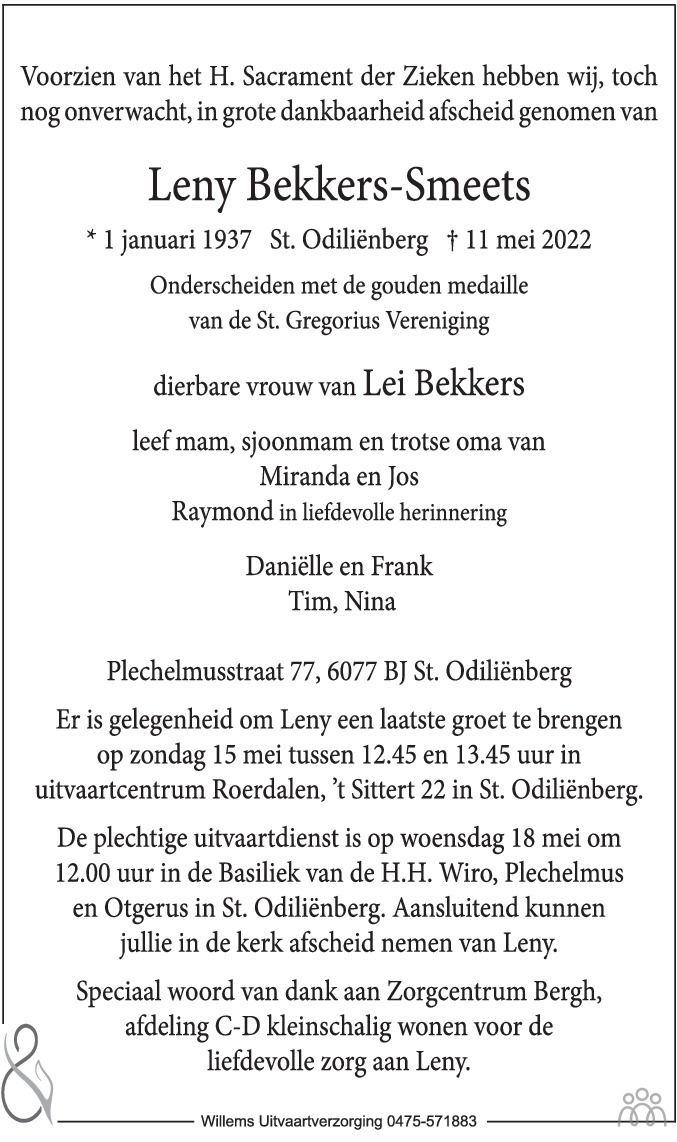 Overlijdensbericht van Leny Bekkers-Smeets in De Limburger