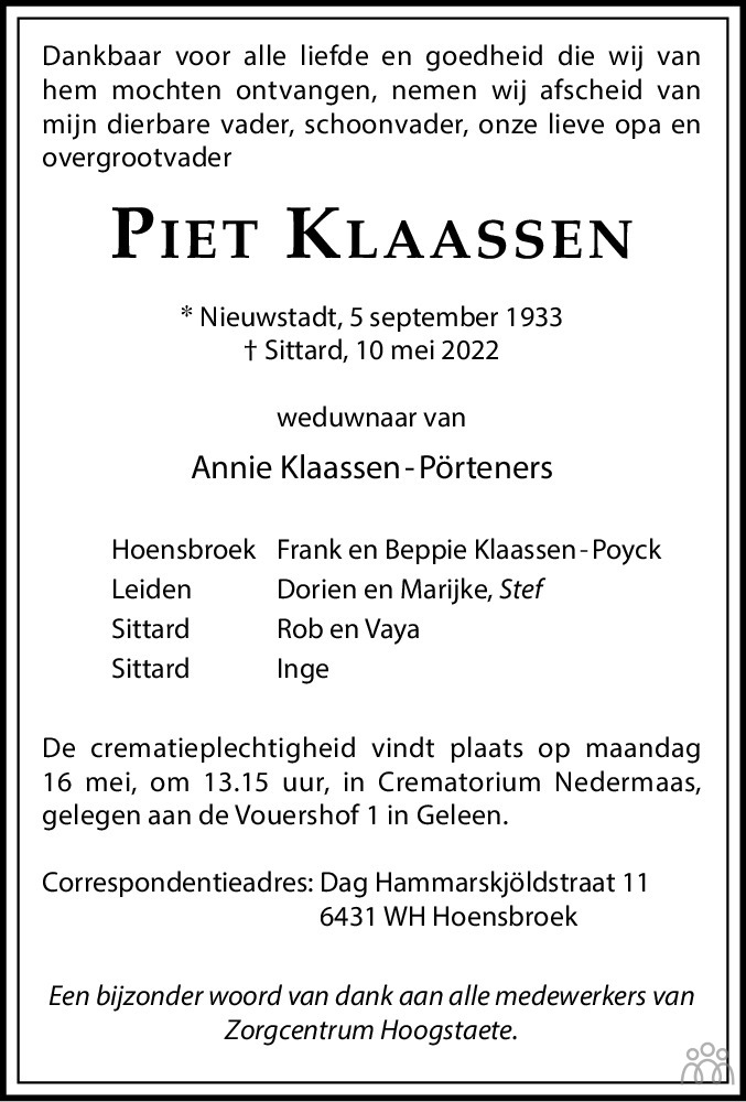 Overlijdensbericht van Piet Klaassen in De Limburger