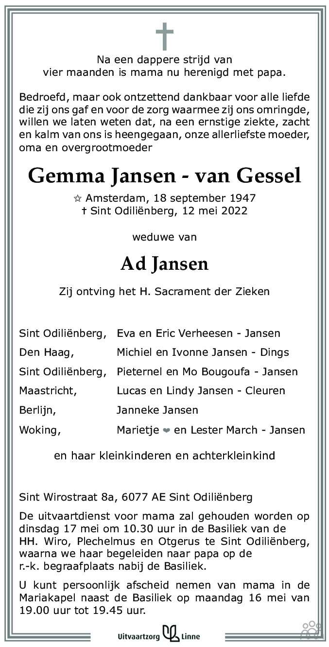 Overlijdensbericht van Gemma Jansen-van Gessel in De Limburger