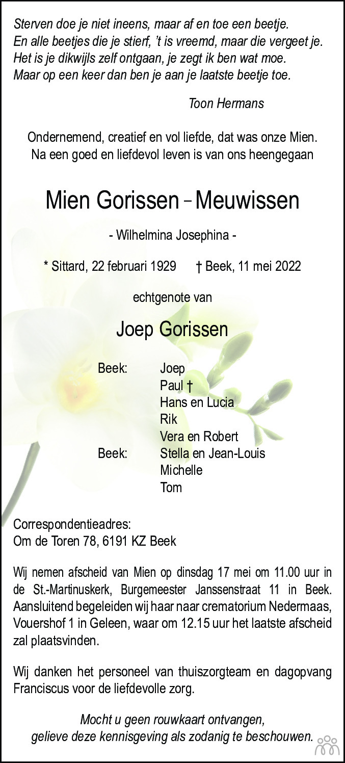 Overlijdensbericht van Mien (Wilhelmina Josephina) Gorissen-Meuwissen in De Limburger