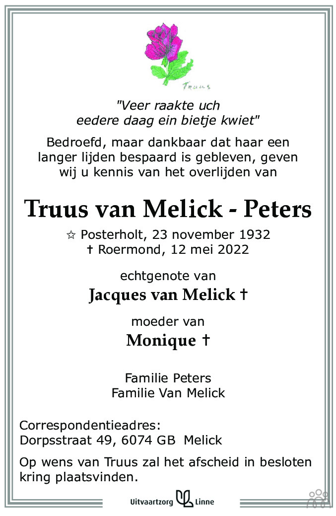 Overlijdensbericht van Truus van Melick-Peters in De Limburger