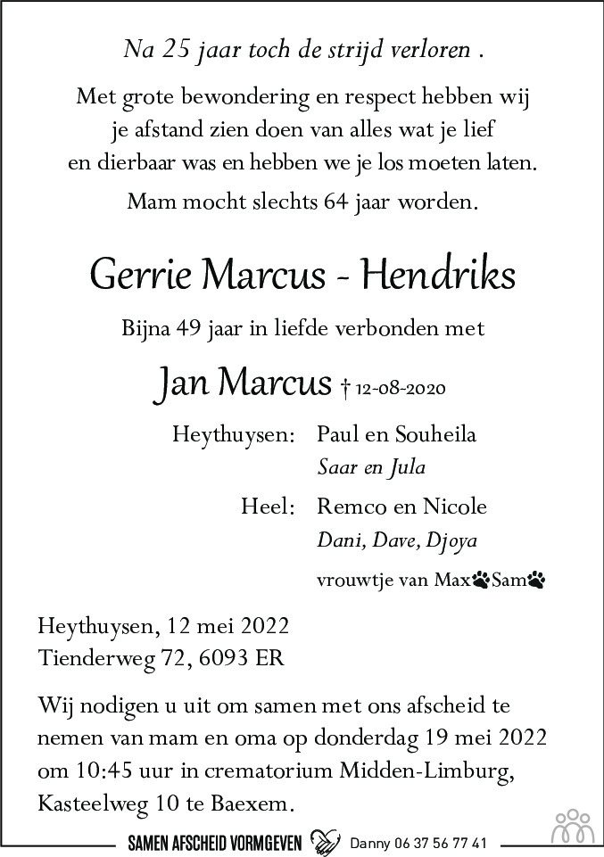 Overlijdensbericht van Gerrie Marcus-Hendriks in De Limburger