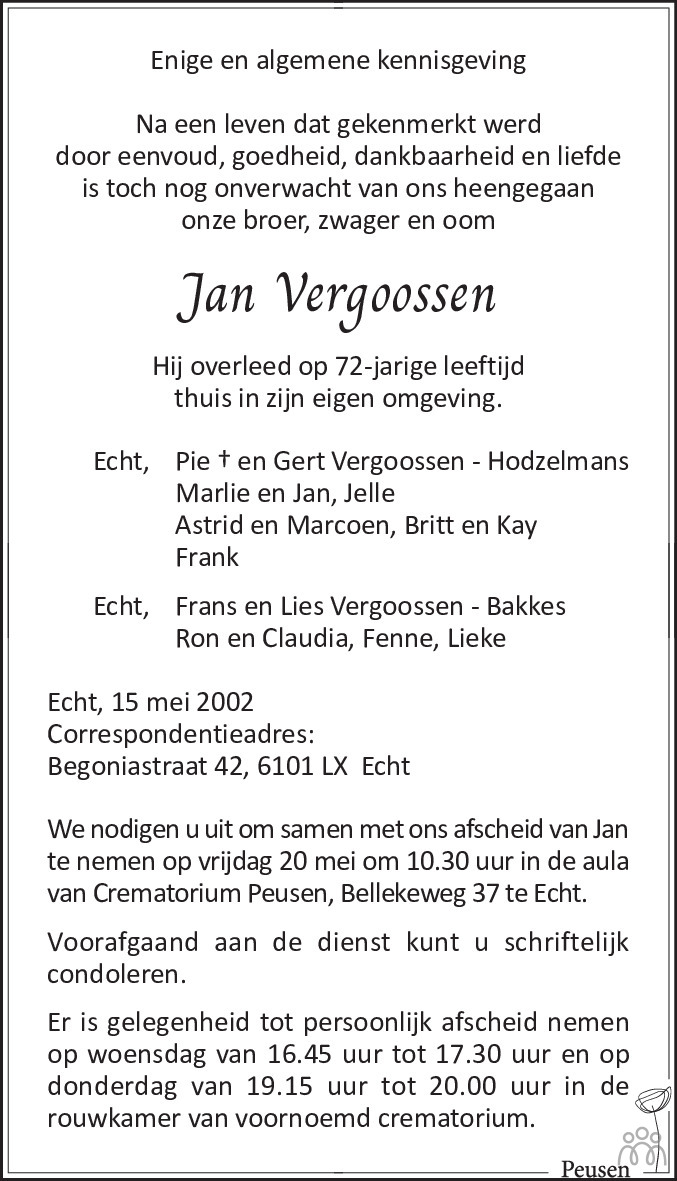 Overlijdensbericht van Jan Vergoossen in De Limburger