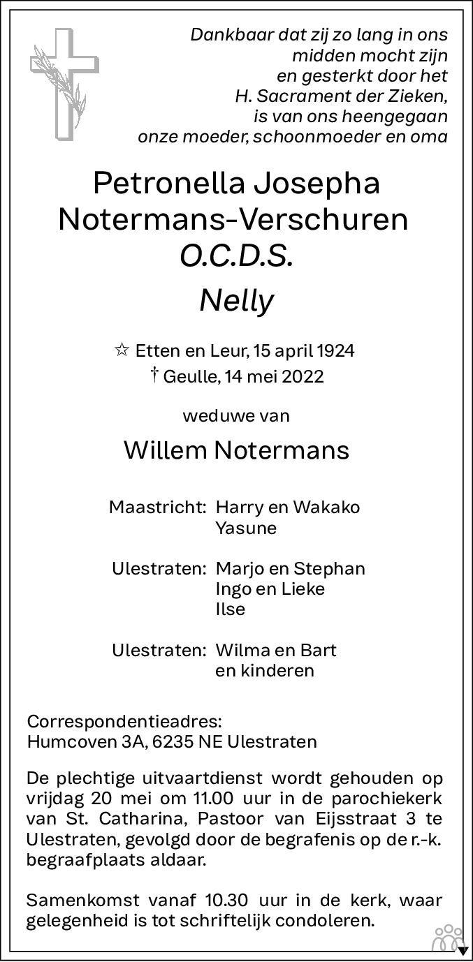 Overlijdensbericht van Petronella Josepha (Nelly) Notermans-Verschuren in De Limburger
