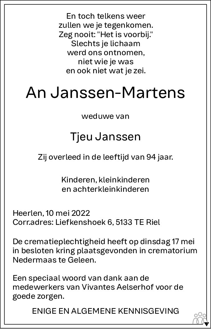 Overlijdensbericht van An Janssen-Martens in De Limburger