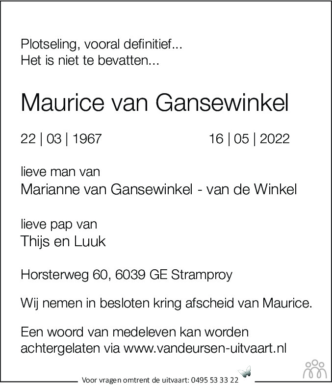 Overlijdensbericht van Maurice van Gansewinkel in De Limburger