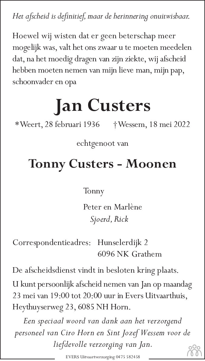 Overlijdensbericht van Jan Custers in De Limburger