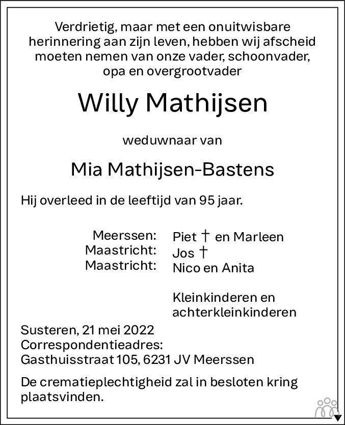 Overlijdensbericht van Willy Mathijsen in De Limburger
