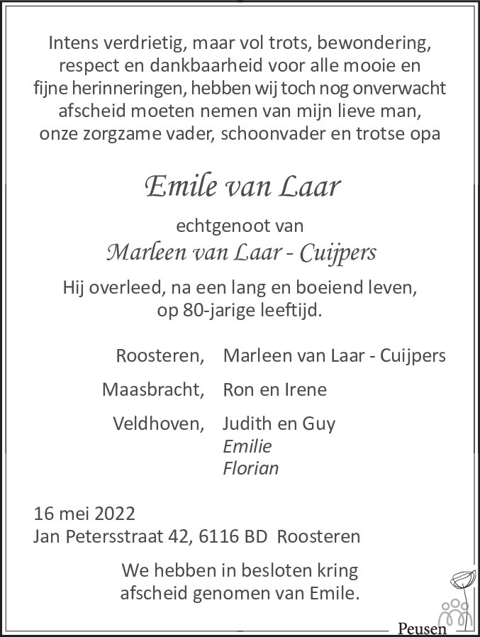 Overlijdensbericht van Emile van Laar in De Limburger