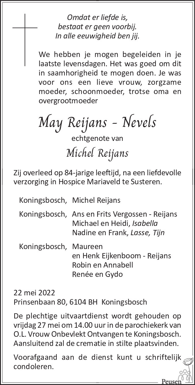 Overlijdensbericht van May Reijans-Nevels in De Limburger