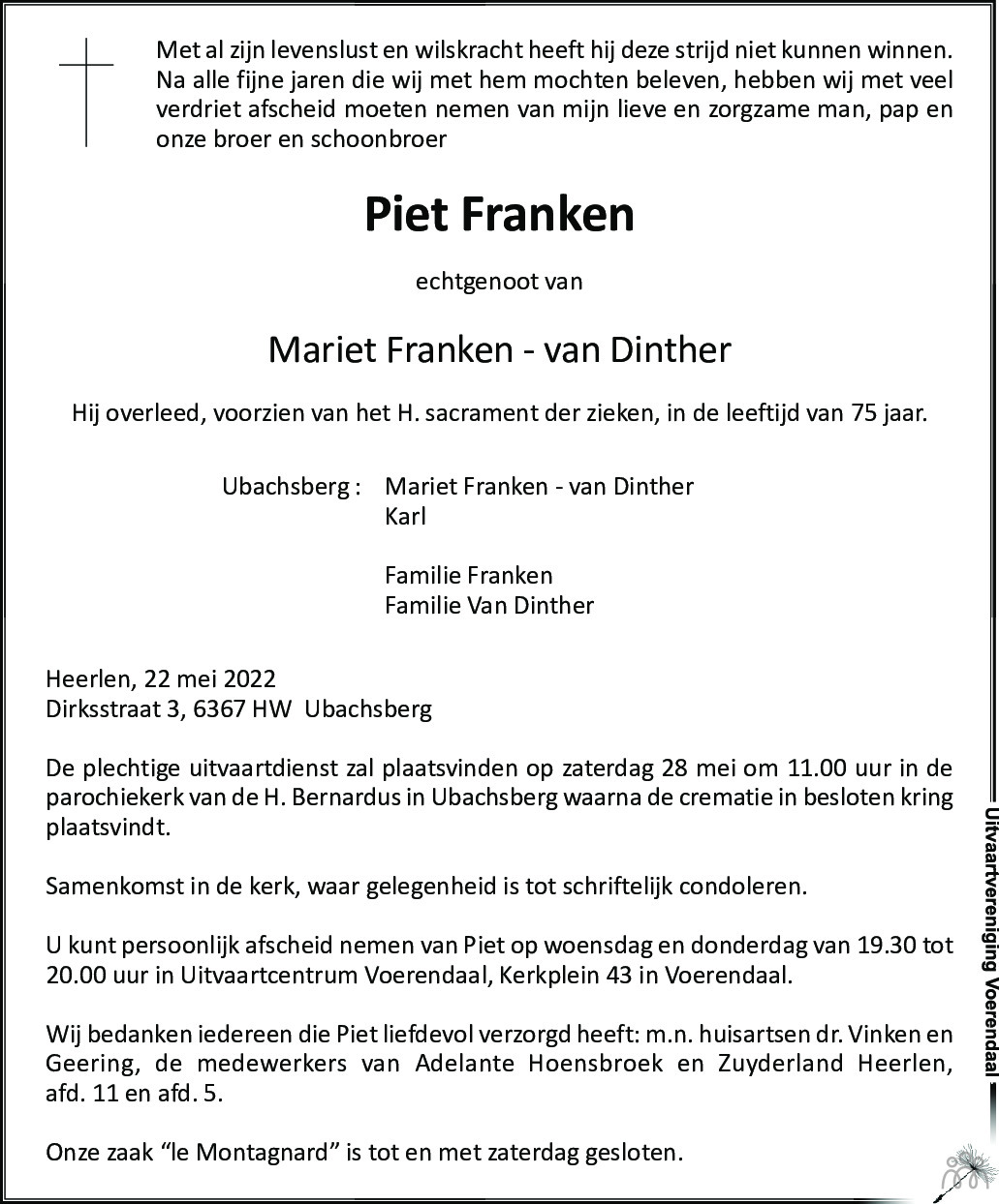 Overlijdensbericht van Piet Franken in De Limburger