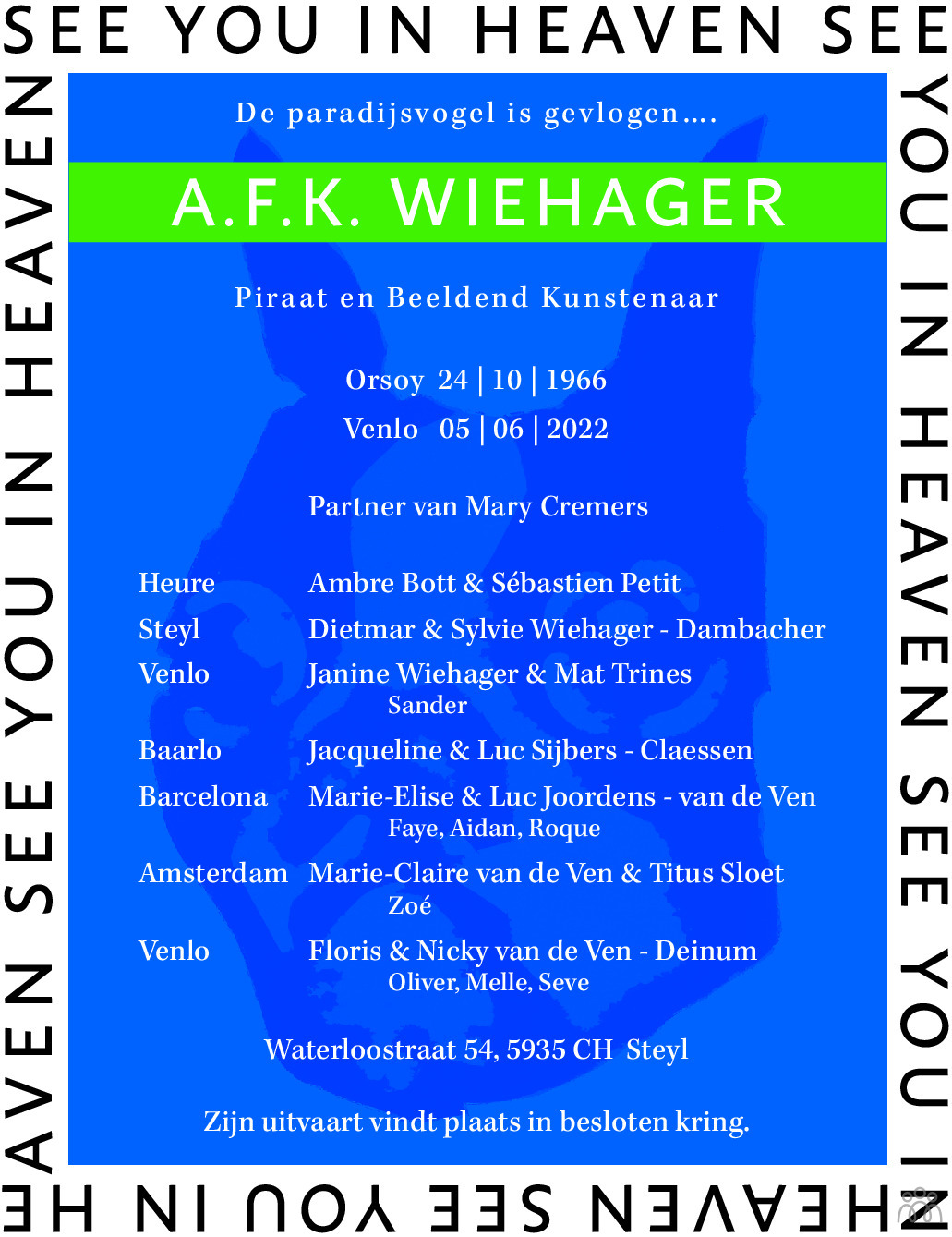 Overlijdensbericht van A.F.K. Wiehager in De Limburger