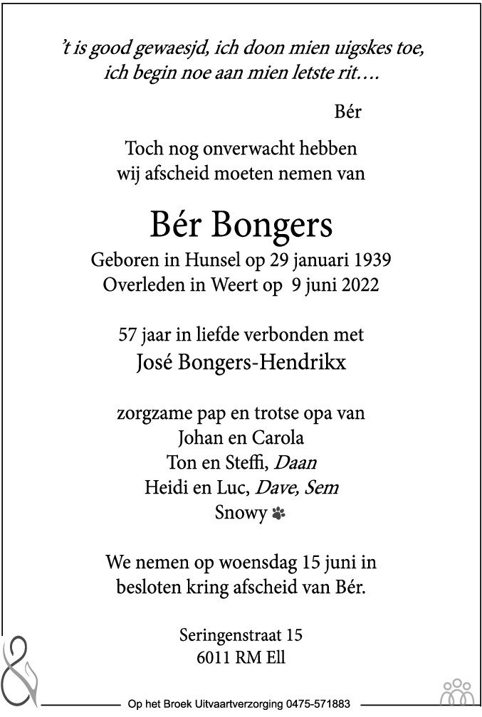 Overlijdensbericht van Ber Bongers in De Limburger