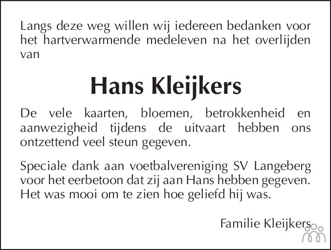 Overlijdensbericht van Hans Kleijkers in De Limburger