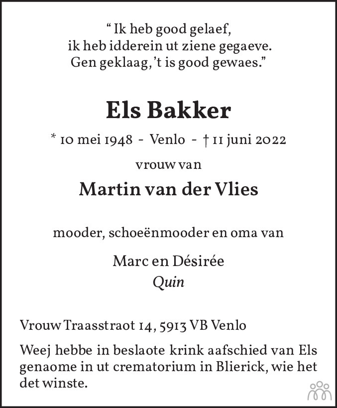 Overlijdensbericht van Els Bakker in De Limburger
