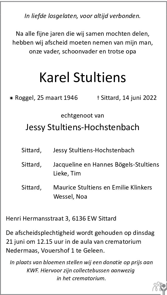 Overlijdensbericht van Karel Stultiens in De Limburger