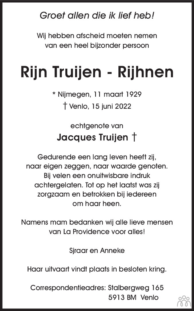 Overlijdensbericht van Rijn Truijen-Rijhnen in De Limburger