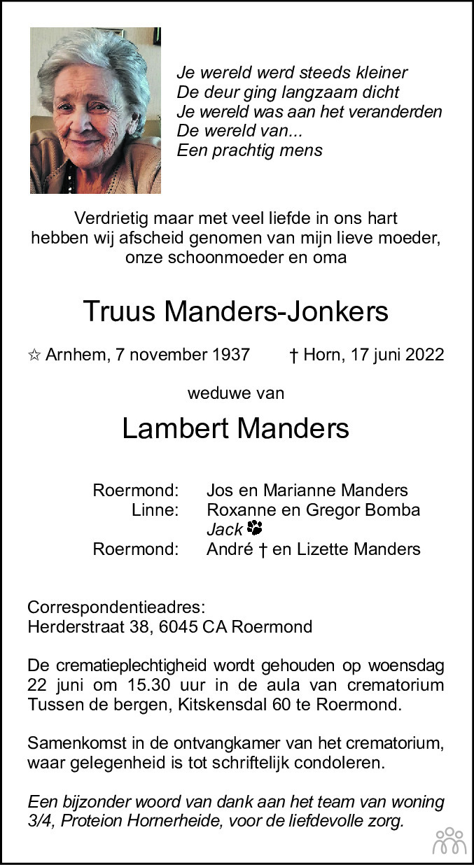 Overlijdensbericht van Truus Manders-Jonkers in De Limburger
