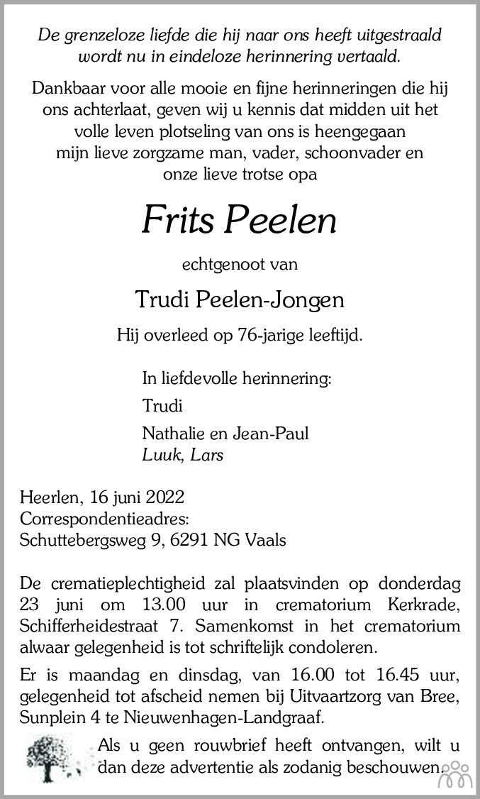 Overlijdensbericht van Frits Peelen in De Limburger