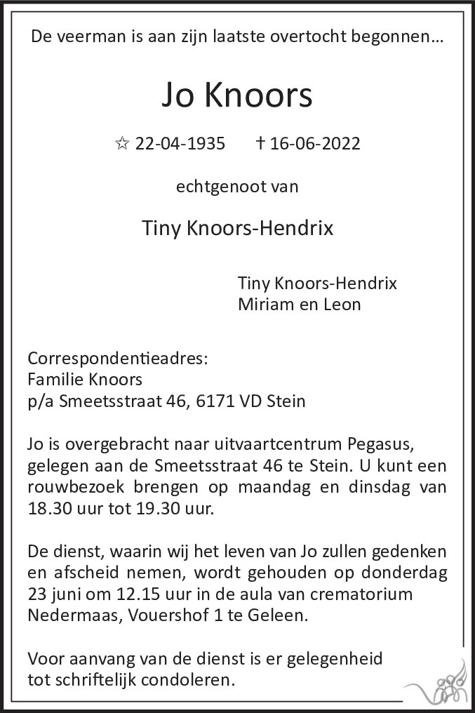 Overlijdensbericht van Jo Knoors in De Limburger