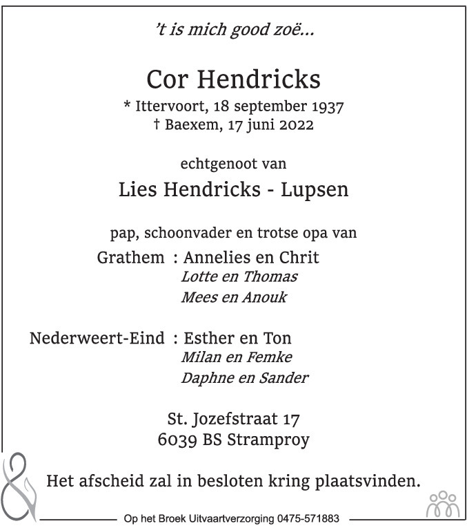 Overlijdensbericht van Cor Hendricks in De Limburger