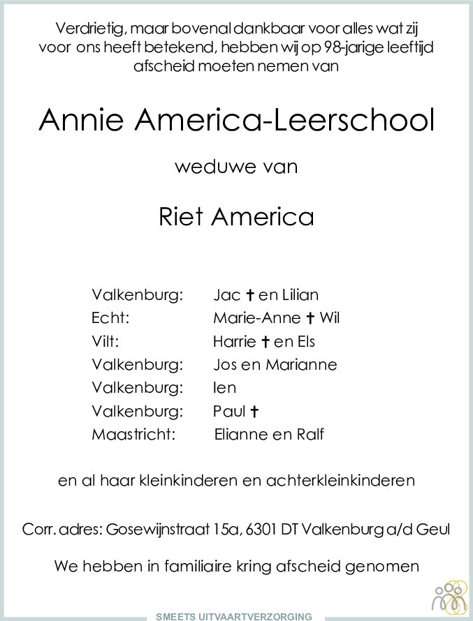 Overlijdensbericht van Annie America-Leerschool in De Limburger