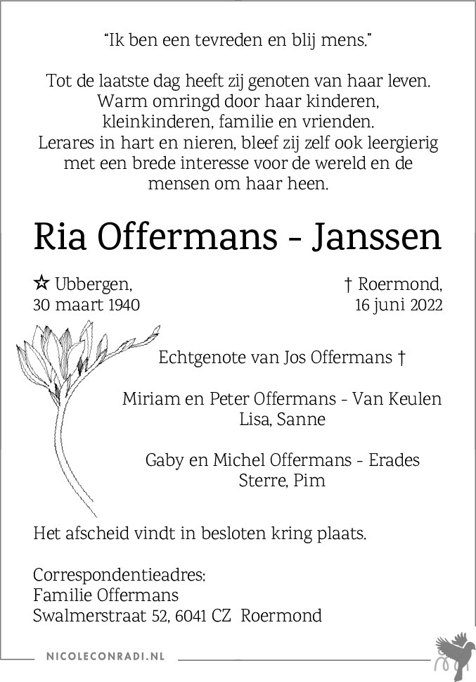 Overlijdensbericht van Ria Offermans-Janssen in De Limburger