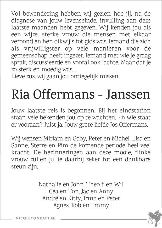 Overlijdensbericht van Ria Offermans-Janssen in De Limburger