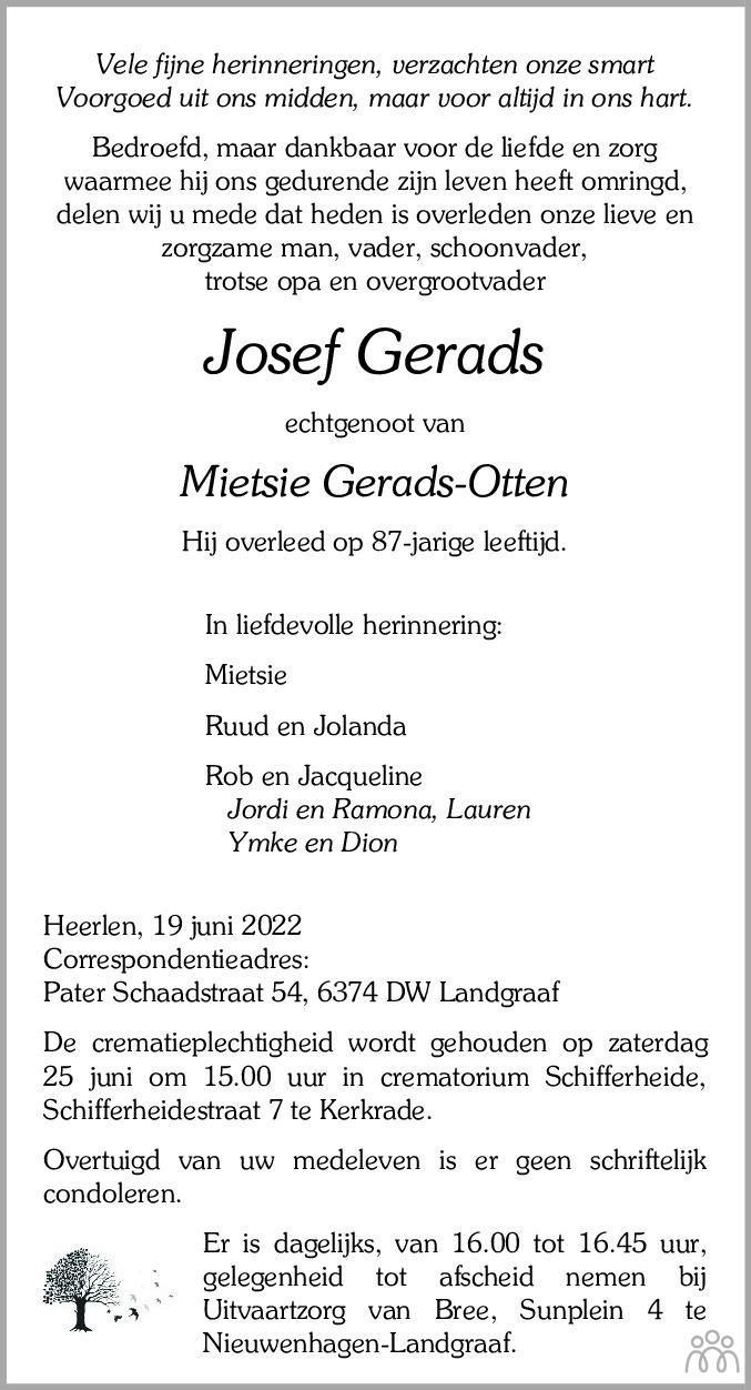 Overlijdensbericht van Josef Gerads in De Limburger