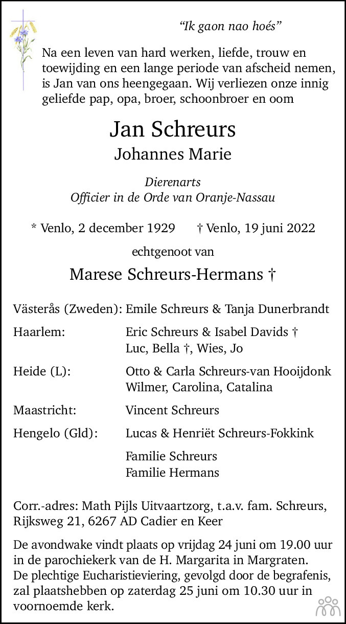 Overlijdensbericht van Jan (Johannes Marie ) Schreurs in De Limburger
