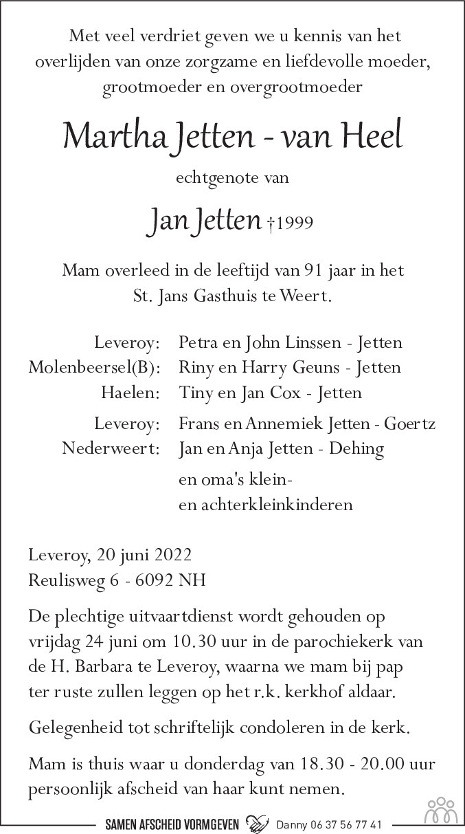 Overlijdensbericht van Martha Jetten-van Heel in De Limburger