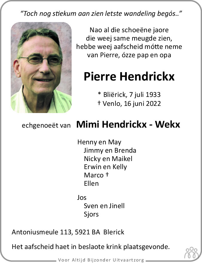 Overlijdensbericht van Pierre Hendrickx in De Limburger