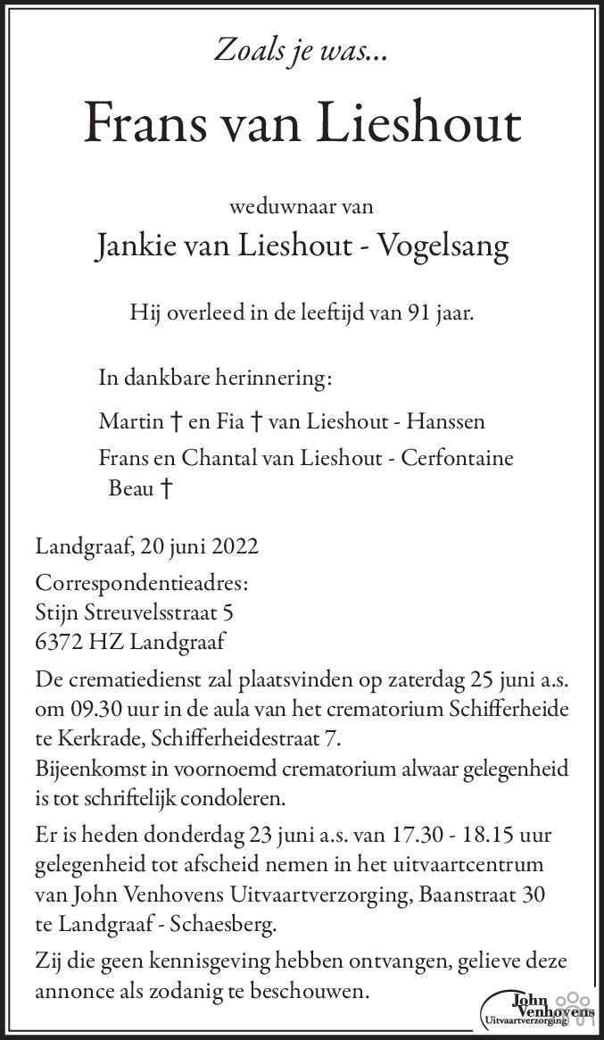 Overlijdensbericht van Frans van Lieshout in De Limburger