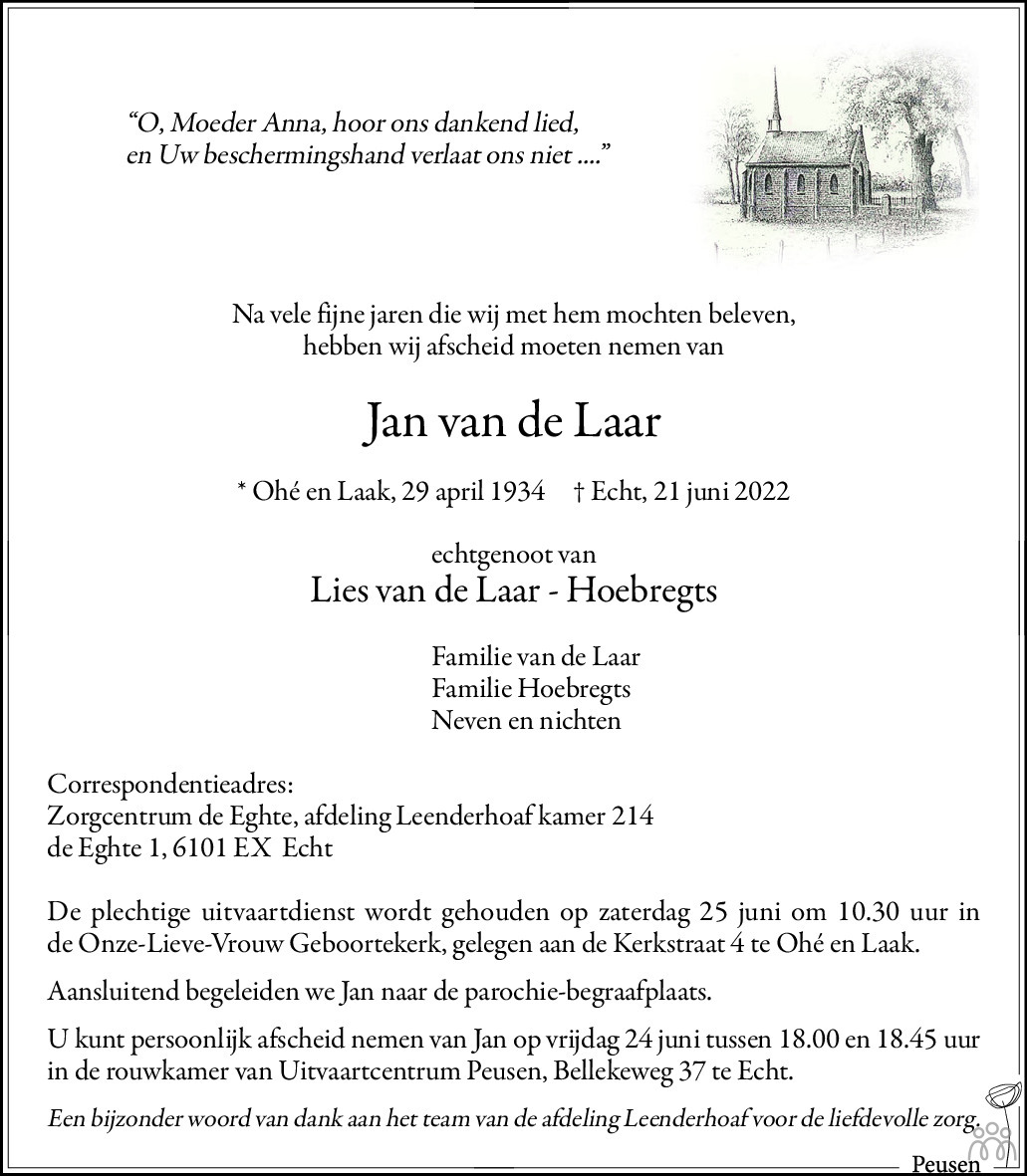 Overlijdensbericht van Jan van de Laar in De Limburger