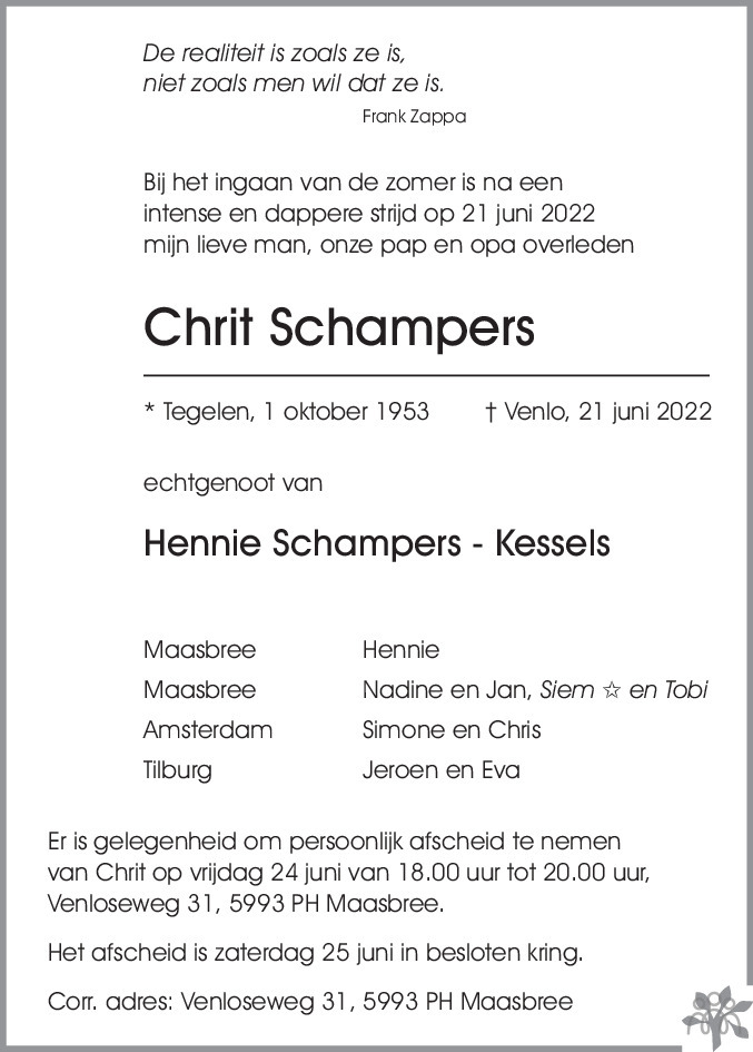 Overlijdensbericht van Chrit Schampers in De Limburger