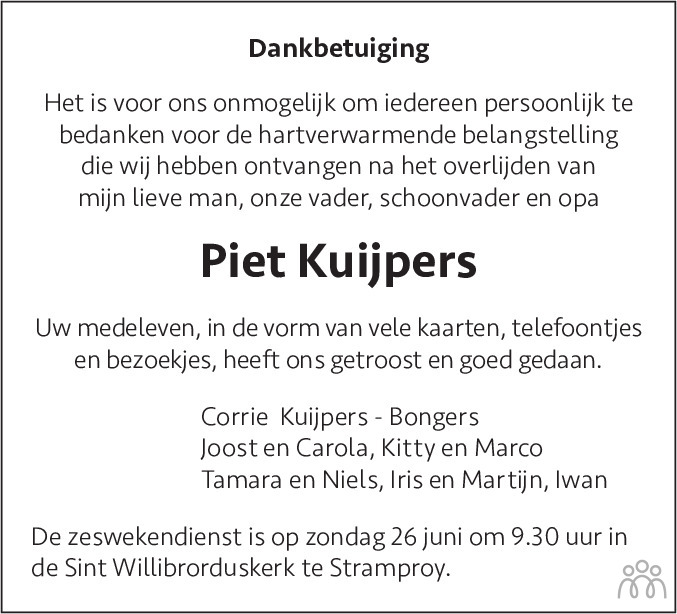 Overlijdensbericht van Piet Kuijpers in De Limburger