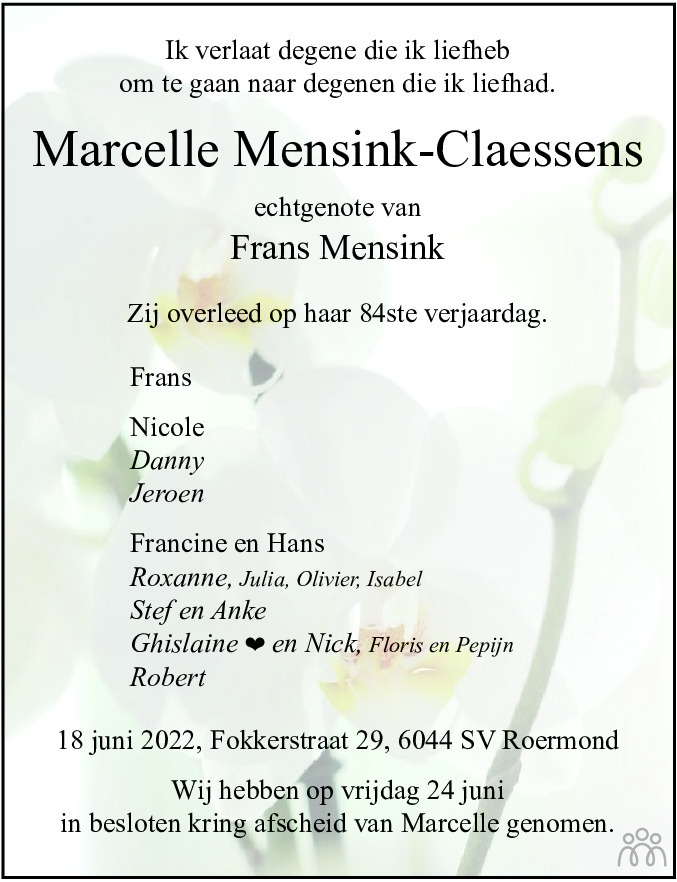 Overlijdensbericht van Marcelle Mensink-Claessens in De Limburger