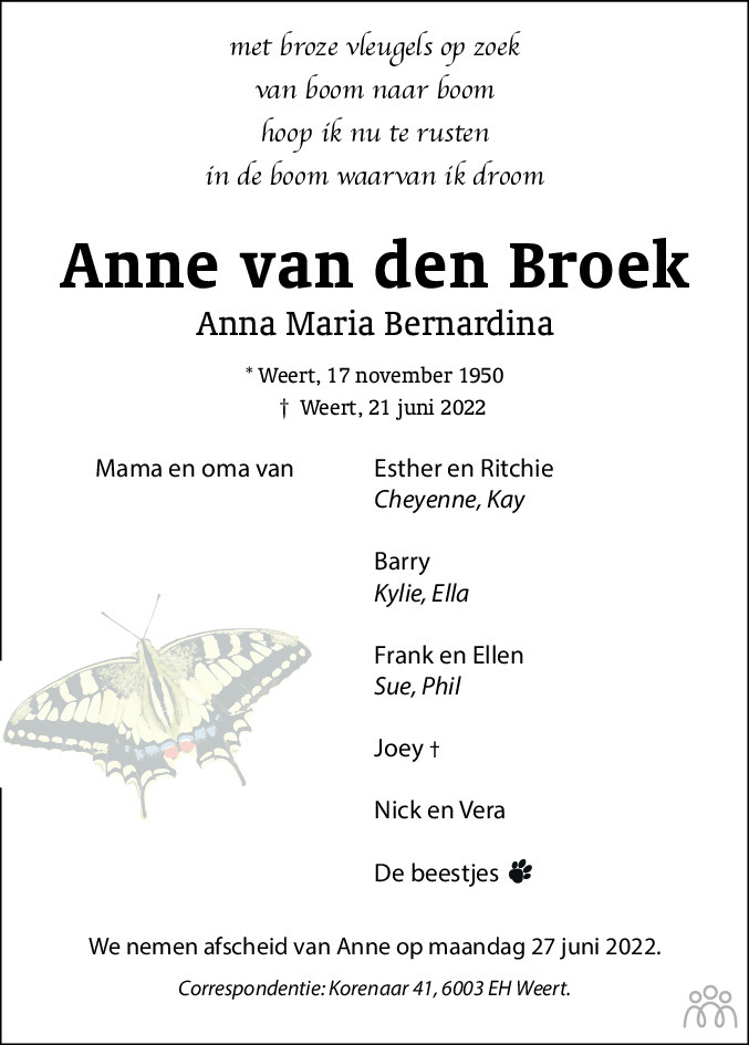 Overlijdensbericht van Anne (Anna Maria Bernardina) van den Broek in De Limburger