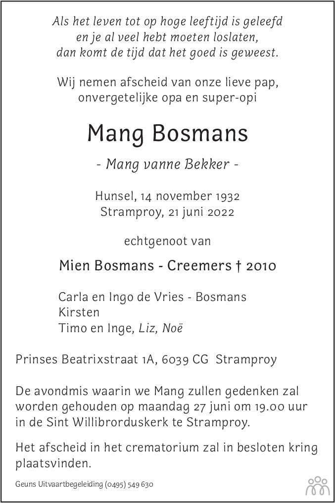 Overlijdensbericht van Mang Bosmans in De Limburger