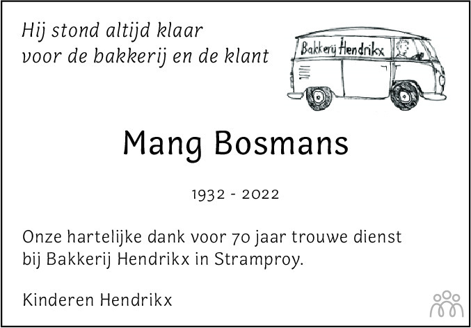 Overlijdensbericht van Mang Bosmans in De Limburger