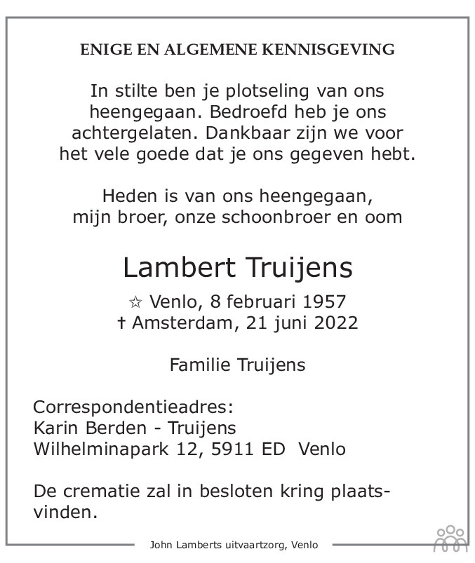 Overlijdensbericht van Lambert Truijens in De Limburger