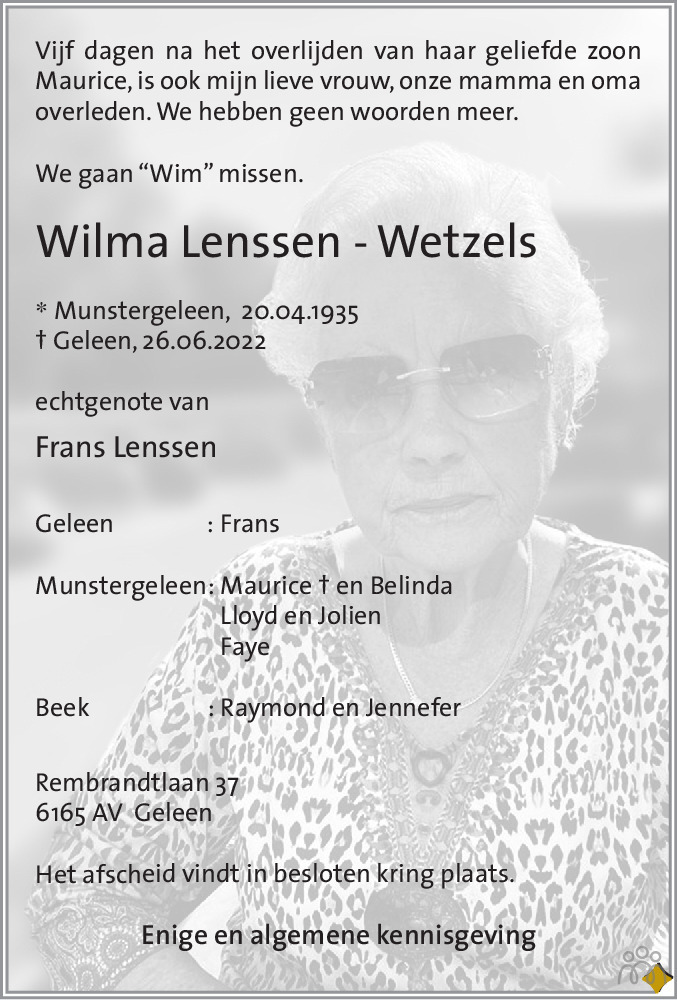 Overlijdensbericht van Wilma Lenssen-Wetzels in De Limburger